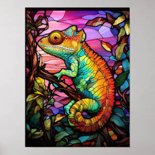 Vibrant Rainbow Chameleon Stained Glass Style Poster