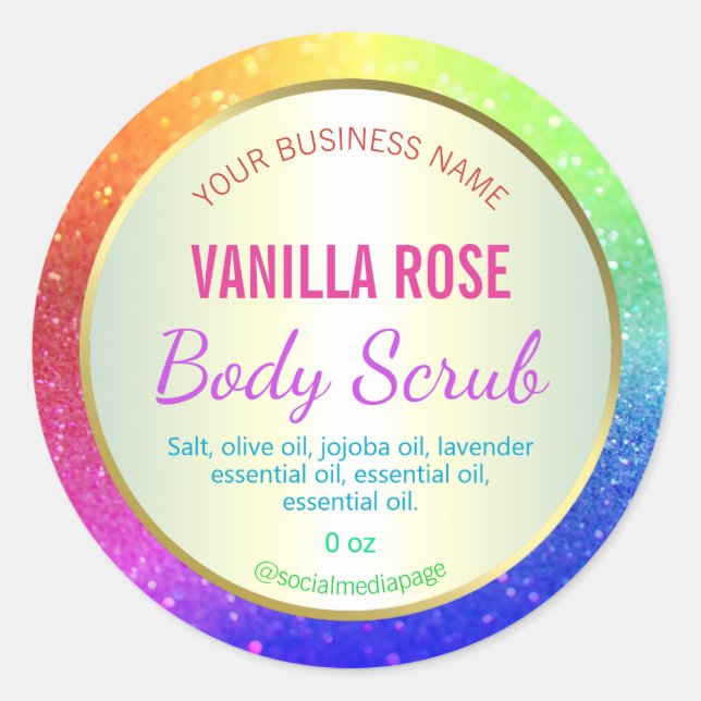 Vibrant Rainbow Coloured Glitter Product Labels (Front)