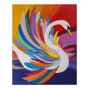 Vibrant Rainbow Feathered Swan Painting Poster