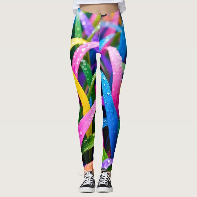 Vibrant Rainbow Grass Dew Drops Pattern Leggings (Front)