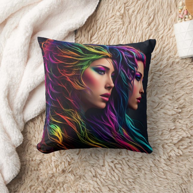 Vibrant Rainbow Hair Artistry With Dual Portraits Cushion (Blanket)