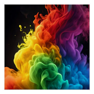 Vibrant rainbow ink-smoke cloud black background poster