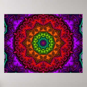 Vibrant Rainbow Kaleidoscope Fractal Mandala Poster