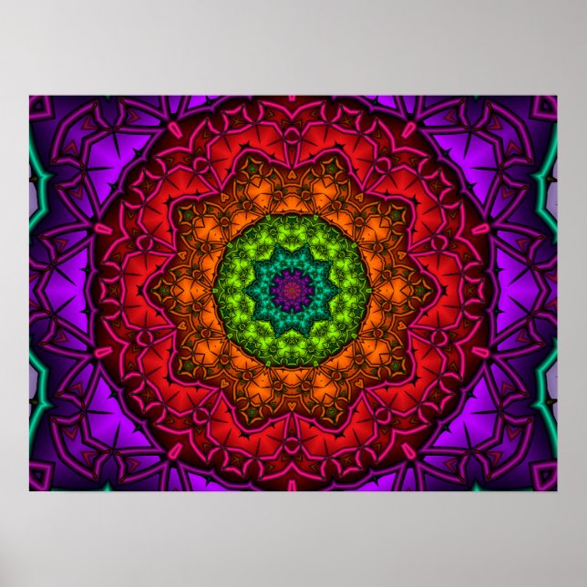 Vibrant Rainbow Kaleidoscope Fractal Mandala Poster (Front)