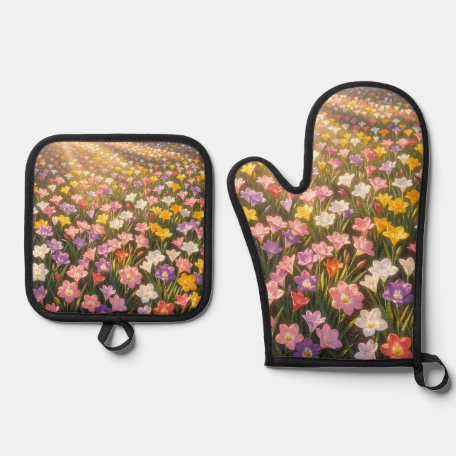 Vibrant Rainbow Lily Flower Field Oven Mitt & Pot Holder Set (Front)