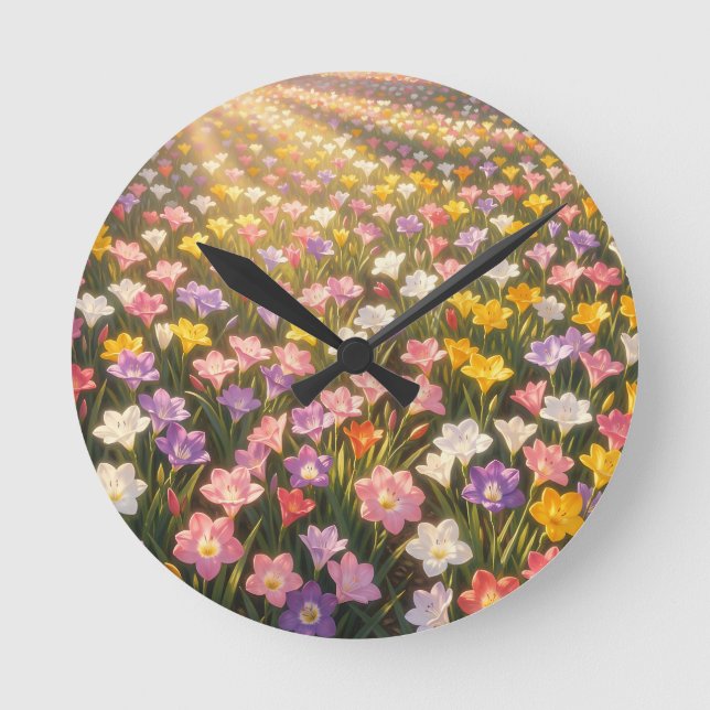 Vibrant Rainbow Lily Flower Field Round Clock (Front)