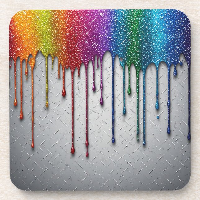 Vibrant Rainbow Paint Drips Coaster (Front)