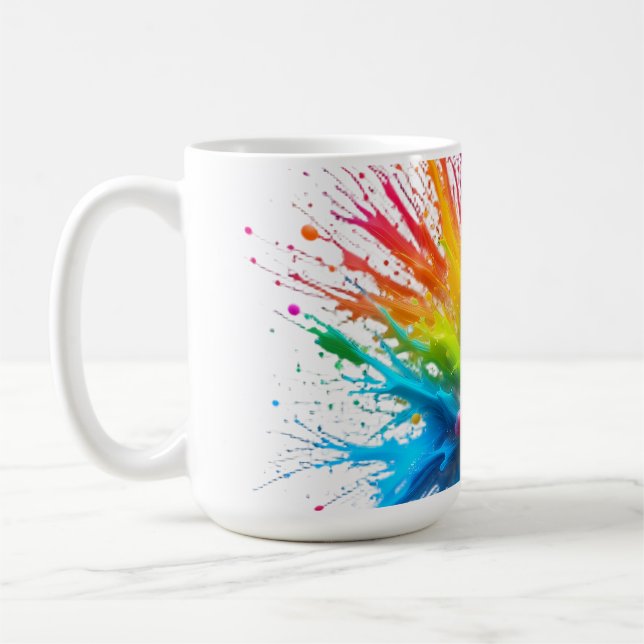 Vibrant Rainbow Paint Splatter Explosion Coffee Mug (Left)