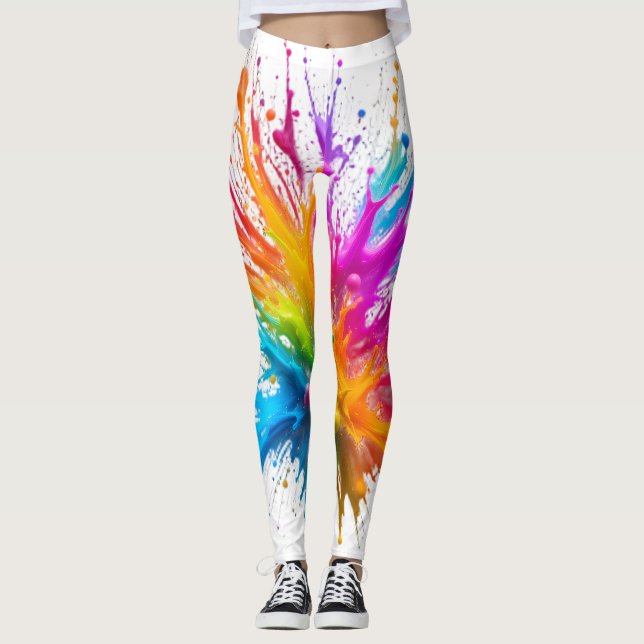 Vibrant Rainbow Paint Splatter Explosion Leggings (Front)
