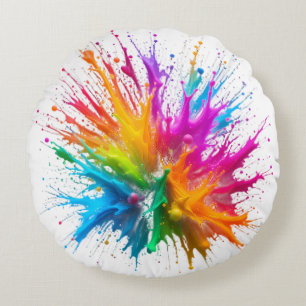 Vibrant Rainbow Paint Splatter Explosion Round Cushion