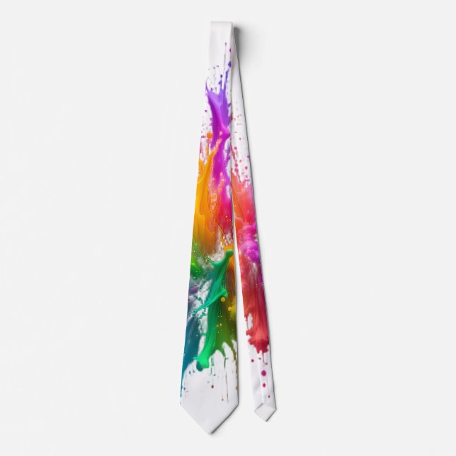 Vibrant Rainbow Paint Splatter Explosion Tie (Front)