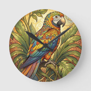 Vibrant Rainbow Parrot Art Nouveau Round Clock