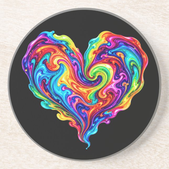 Vibrant Rainbow Poured Paint Heart Coaster (Front)