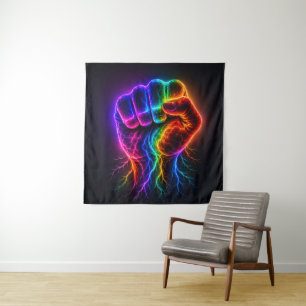 Vibrant Rainbow Power Fist with Electric Energy Tapestry