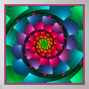 Vibrant Rainbow Spiral Geometrical Fractal Flower Poster