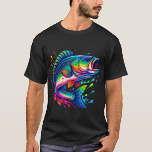 Vibrant Rainbow Splash Bass Fish Illustration T-Shirt