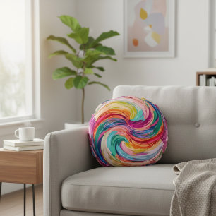 Vibrant Rainbow Swirl Abstract Round Cushion