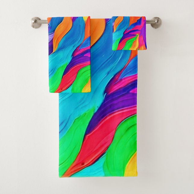 Vibrant Rainbow Swirls Abstract Art Bath Towel Set (Insitu)