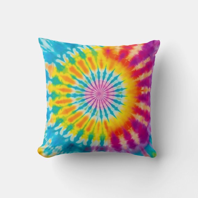 Vibrant Rainbow Tie-Dye Spiral Cushion (Front)