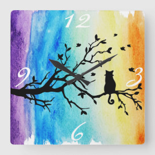 Vibrant Rainbow Watercolor Black Cat in Tree Square Wall Clock