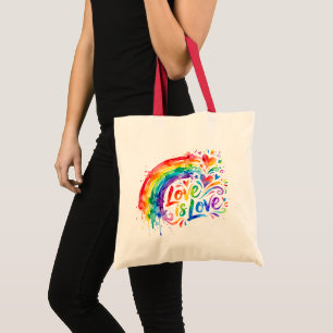 Vibrant Rainbow Watercolor Splatter "Love is Love" Tote Bag