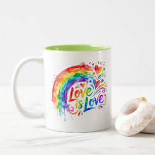 Vibrant Rainbow Watercolor Splatter "Love is Love" Two-Tone Coffee Mug