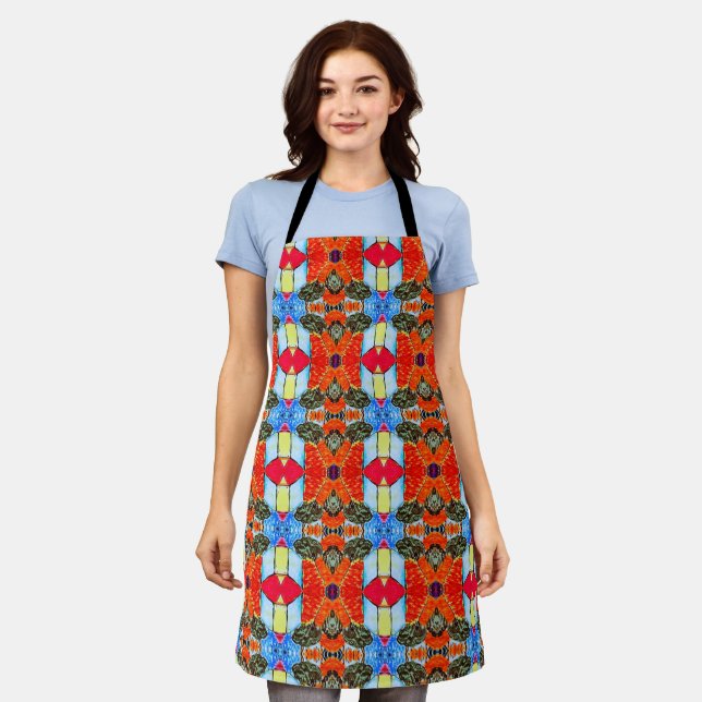 Vibrant Red and Blue Stained Glass Geometric Apron (Worn)