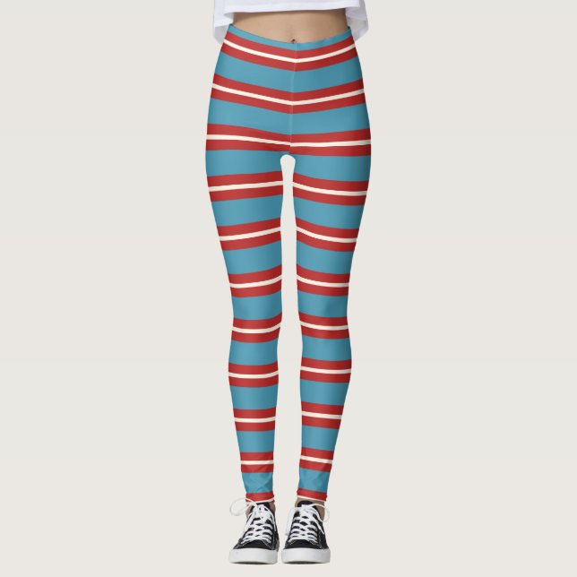 Vibrant Red and Blue Striped Pattern Modern Design Leggings (Front)