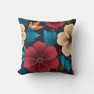 Vibrant Red and Cream Floral on Dark Background Cushion