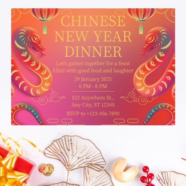 Vibrant Red and Gold Snake Chinese New Year Invitation (Creator Uploaded)