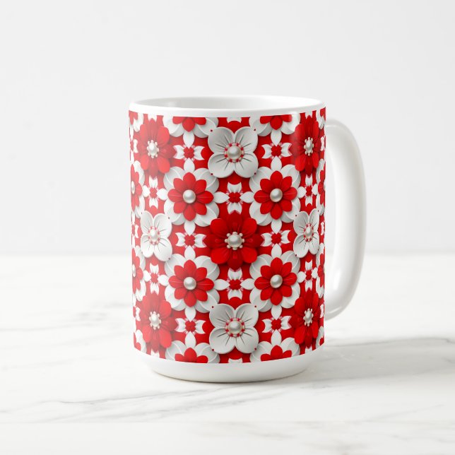 Vibrant Red And White Floral Pattern With Pearl Coffee Mug (Front Right)
