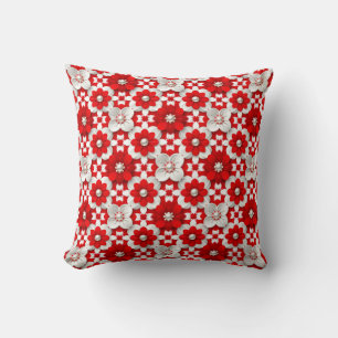 Vibrant Red And White Floral Pattern With Pearl Cushion