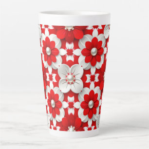 Vibrant Red And White Floral Pattern With Pearl Latte Mug