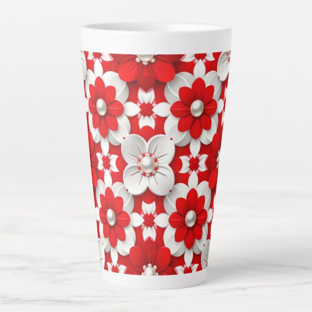 Vibrant Red And White Floral Pattern With Pearl Latte Mug (Front)