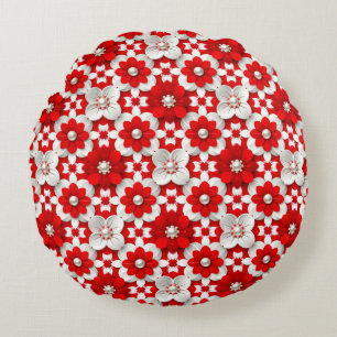 Vibrant Red And White Floral Pattern With Pearl Round Cushion