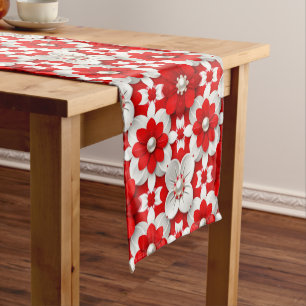 Vibrant Red And White Floral Pattern With Pearl Short Table Runner