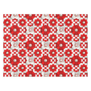 Vibrant Red And White Floral Pattern With Pearl Tablecloth