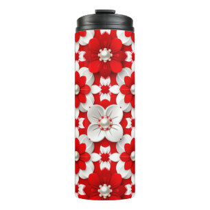 Vibrant Red And White Floral Pattern With Pearl Thermal Tumbler