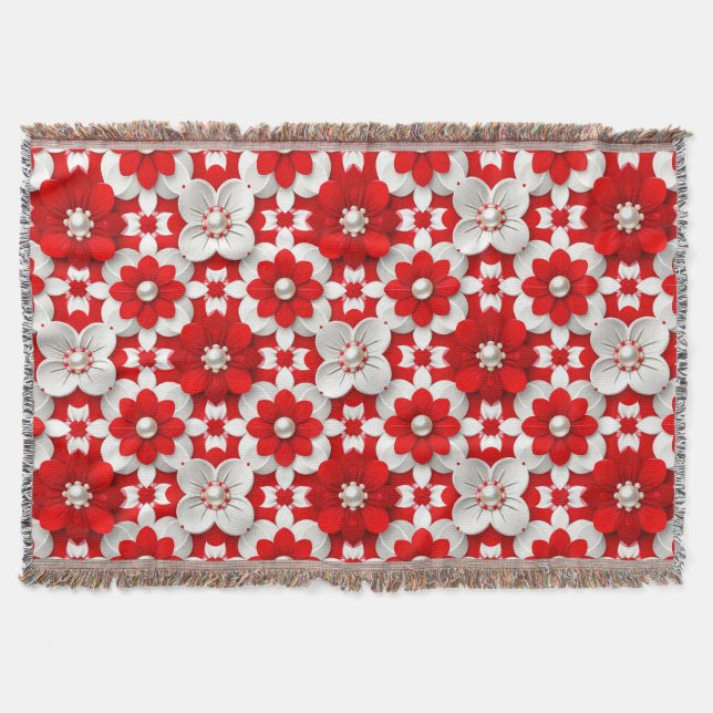 Vibrant Red And White Floral Pattern With Pearl Throw Blanket (Front)