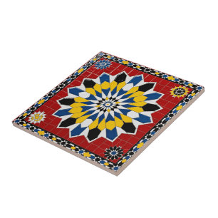 Vibrant Red and Yellow Moroccan Zellij Star Tile