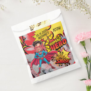 Vibrant Red and Yellow Superhero Caricature Favour Bags