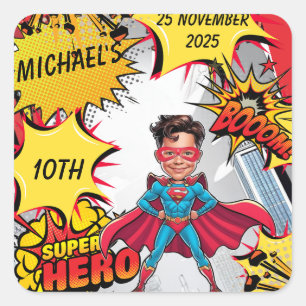 Vibrant Red and Yellow Superhero Caricature Square Sticker