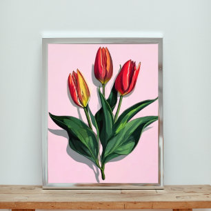 Vibrant Red and Yellow Tulips on Pink Photo Print