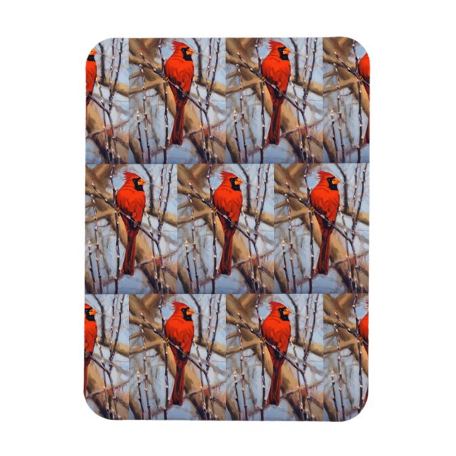 Vibrant Red ardinal Bird Perched on Branch  Magnet (Vertical)