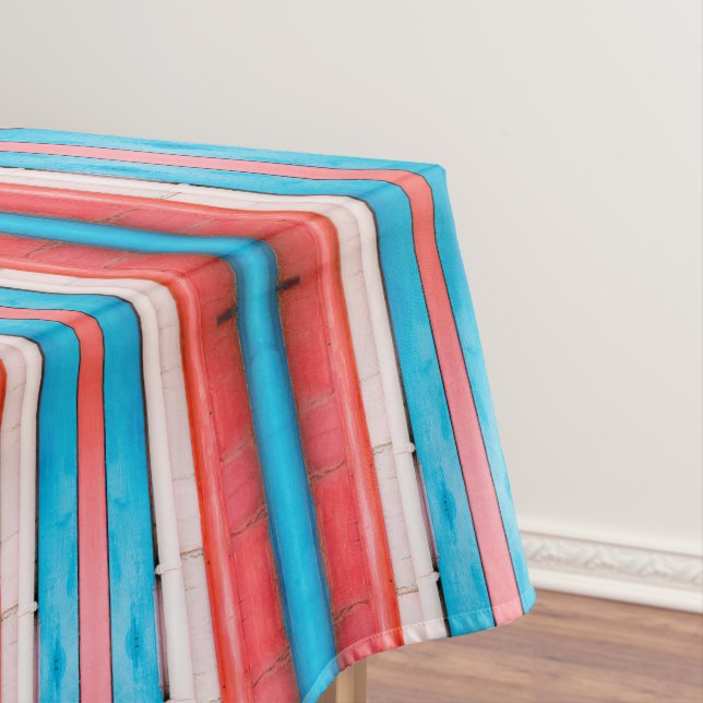 Vibrant red, blue and pink stripes pattern tablecloth (In Situ)