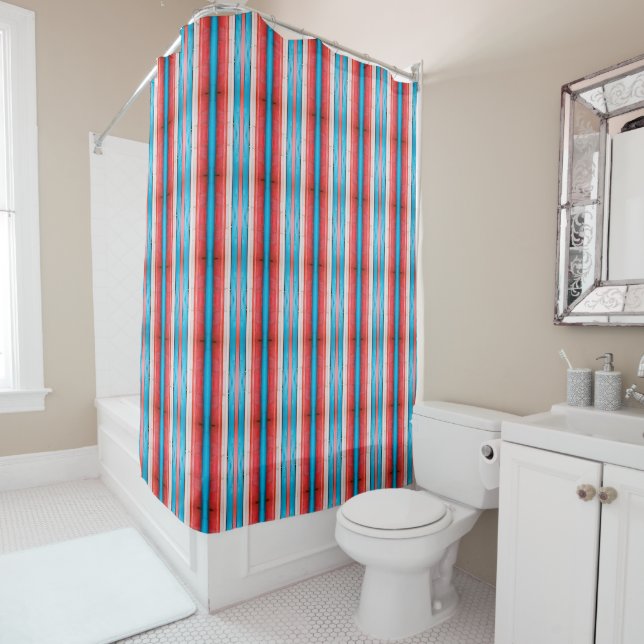 Vibrant red, blue and pink stripes S-size pattern Shower Curtain (In Situ)