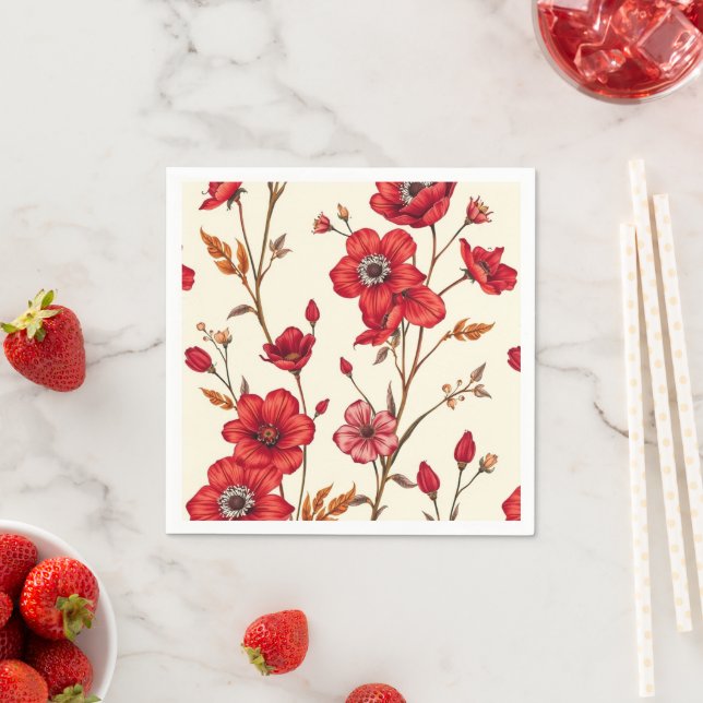 Vibrant Red Botanical Illustration Napkin (Insitu)