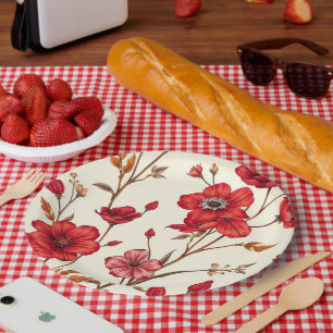 Vibrant Red Botanical Illustration Paper Plate
