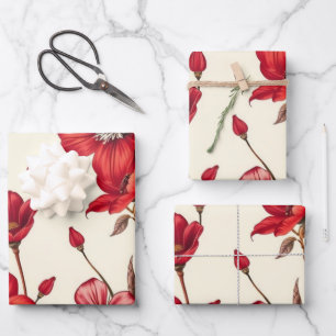 Vibrant Red Botanical Illustration Wrapping Paper Sheet