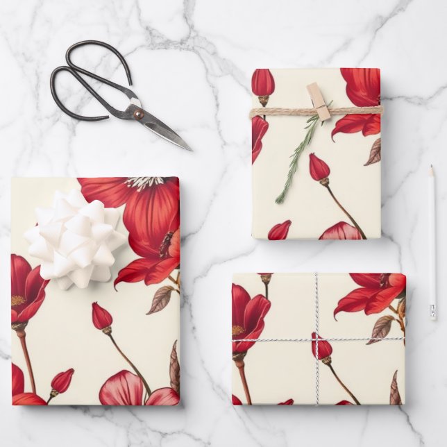 Vibrant Red Botanical Illustration Wrapping Paper Sheet (Front)